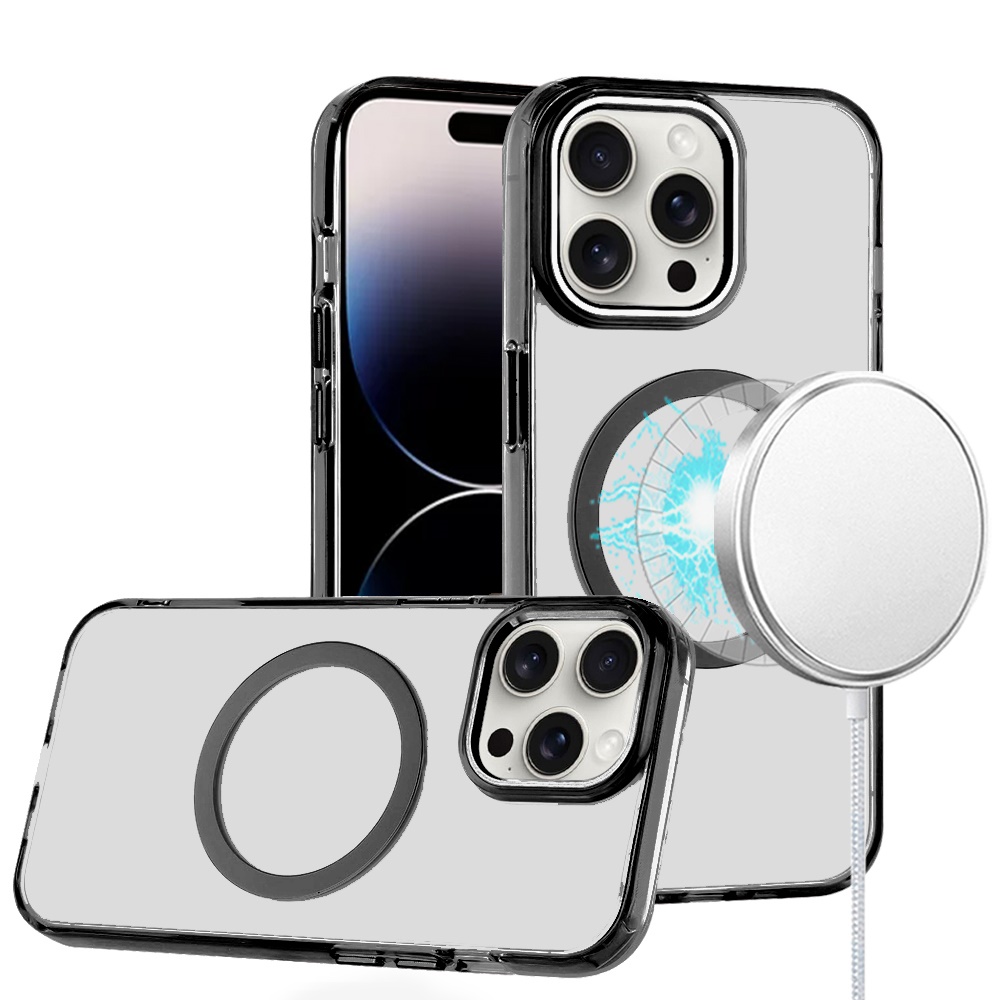for iphone 14 pro max 6.7" magnetic circle ring transparent premium acrylic with metal buttons & camera raised lip black