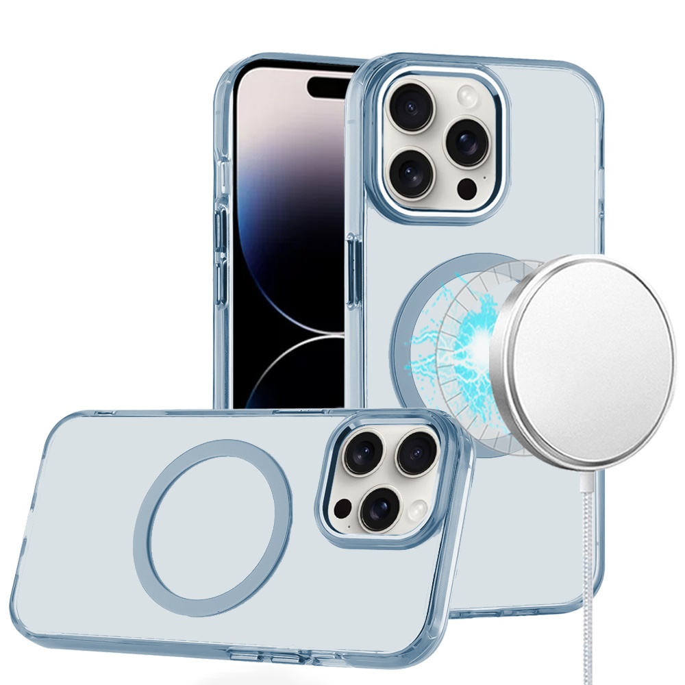 for iphone 14 pro max 6.7" magnetic circle ring transparent premium acrylic with metal buttons & camera raised lip light blue