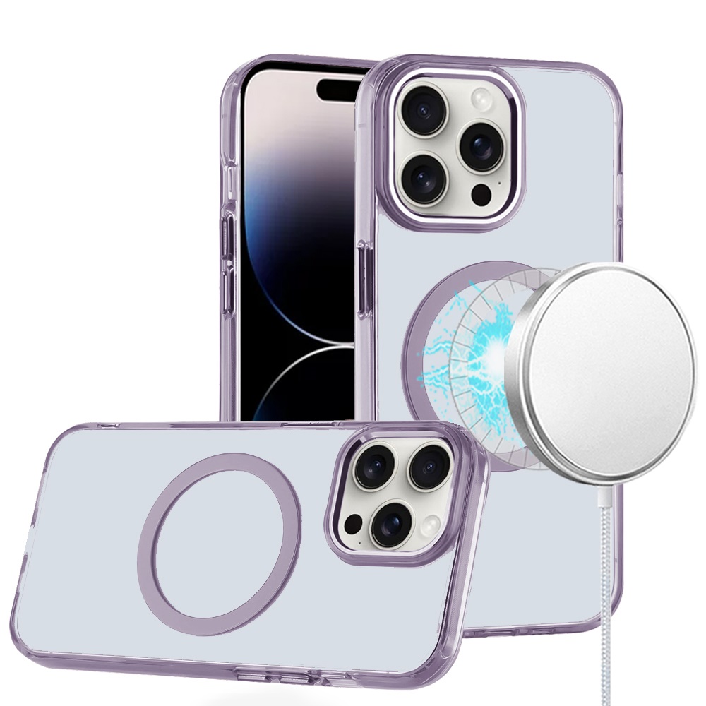 for iphone 14 pro max 6.7" magnetic circle ring transparent premium acrylic with metal buttons & camera raised lip light purple