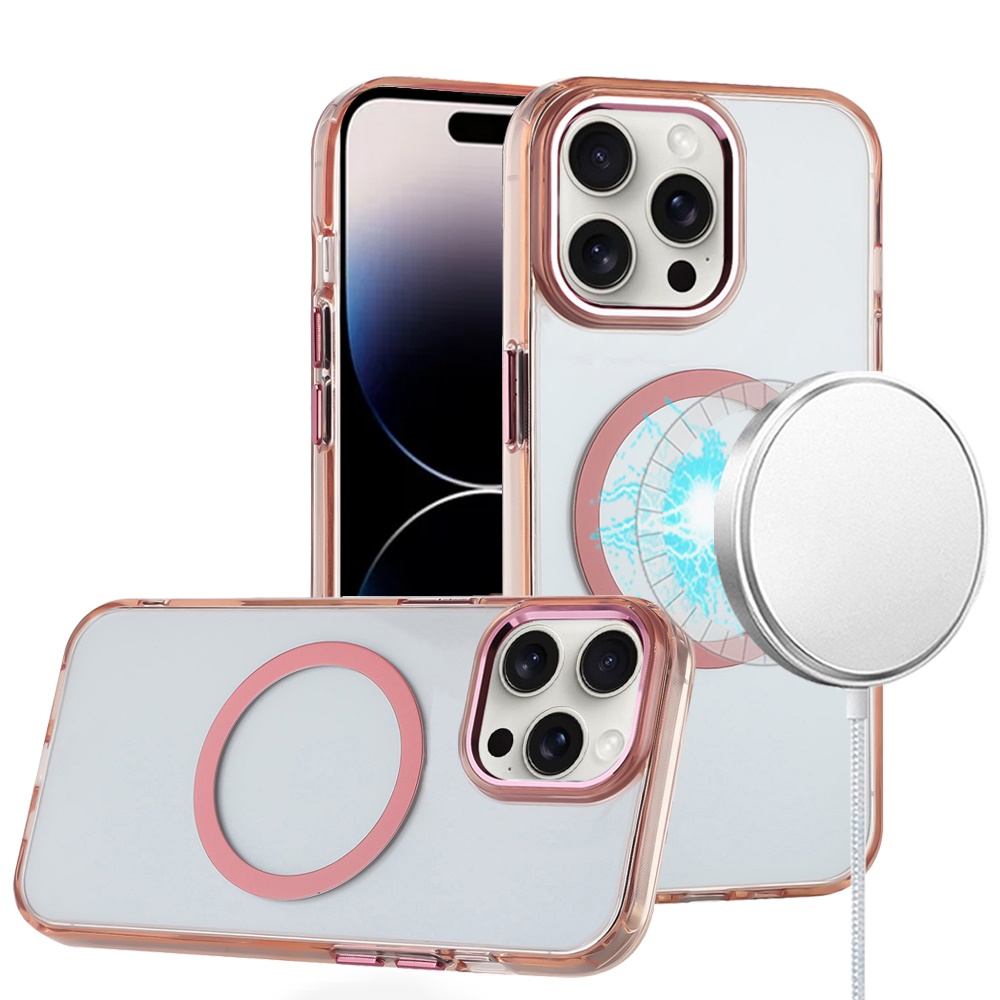 for iphone 14 pro max 6.7" magnetic circle ring transparent premium acrylic with metal buttons & camera raised lip rose gold