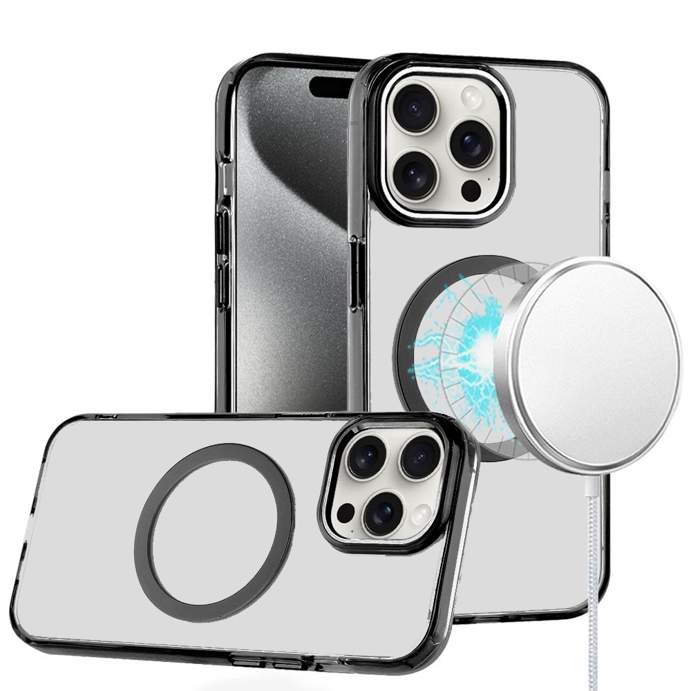 for ip15 pro max magnetic circle ring transparent premium acrylic with metal buttons & camera raised lip black