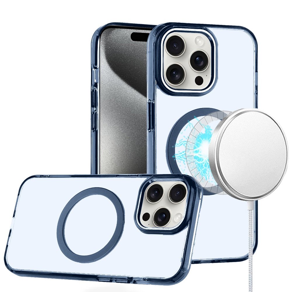 for ip15 pro max magnetic circle ring transparent premium acrylic with metal buttons & camera raised lip blue