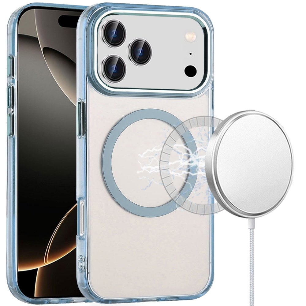 for iphone 17 pro max magnetic circle ring transparent premium acrylic with metal buttons & camera raised lip light blue
