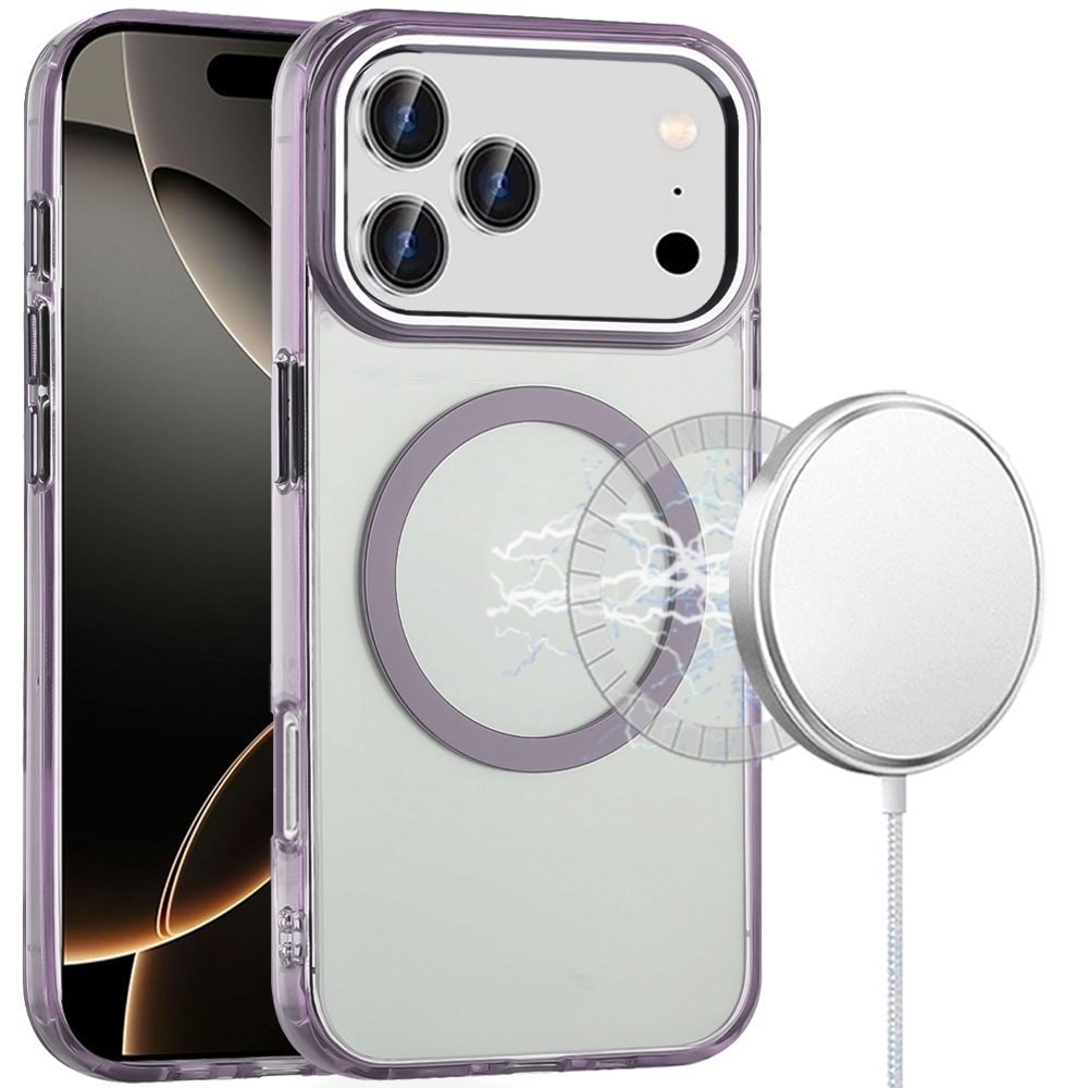 for iphone 17 pro max magnetic circle ring transparent premium acrylic with metal buttons & camera raised lip light purple