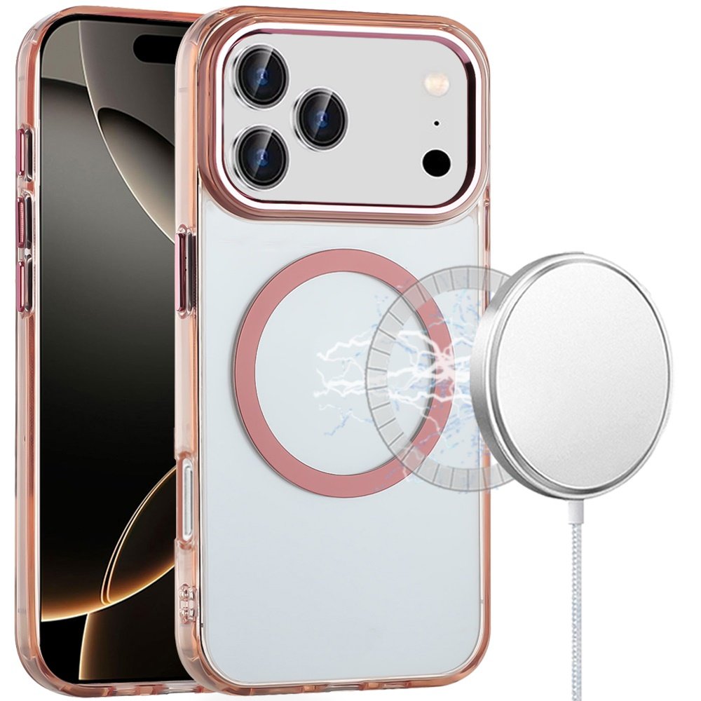 for iphone 17 pro max magnetic circle ring transparent premium acrylic with metal buttons & camera raised lip rose gold