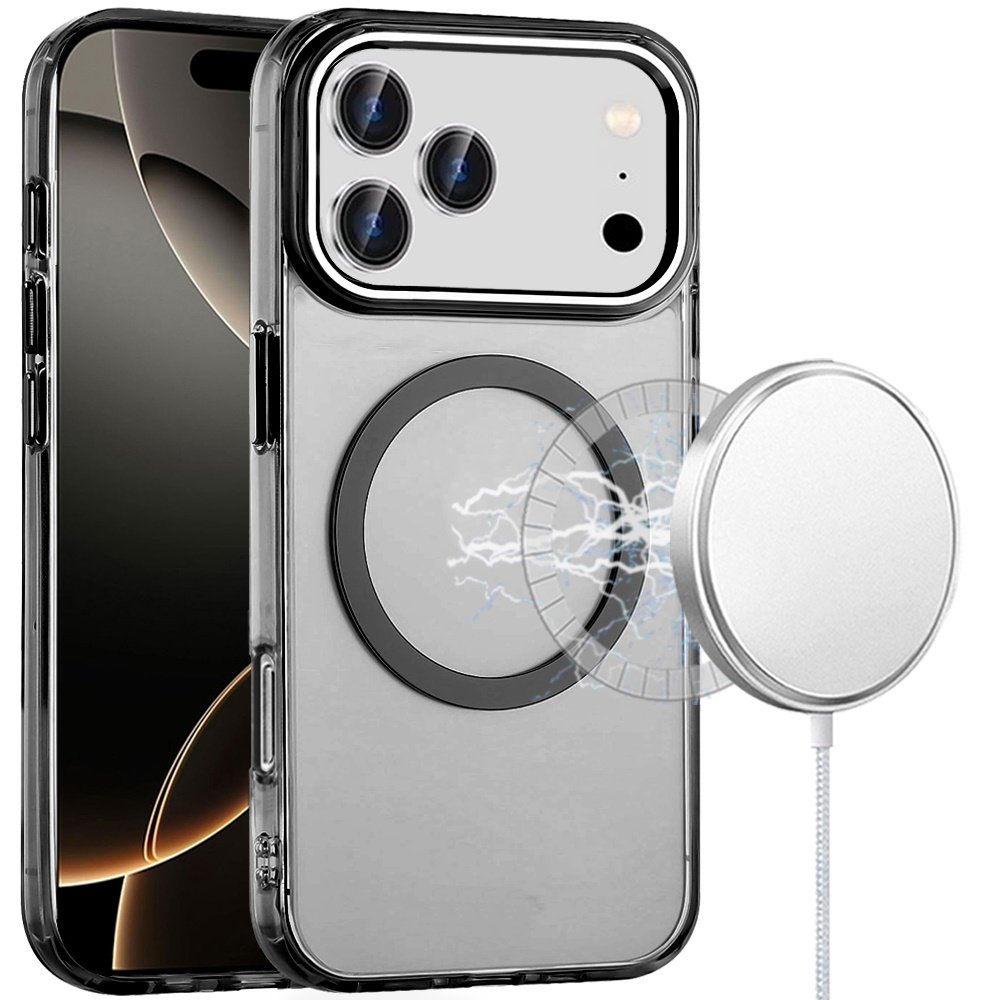 for iphone 17 pro magnetic circle ring transparent premium acrylic with metal buttons & camera raised lip black