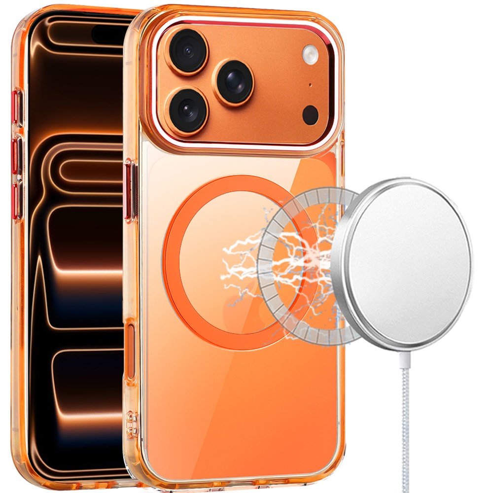 for iphone 17 pro magnetic circle ring transparent premium acrylic with metal buttons & camera raised lip cosmic orange
