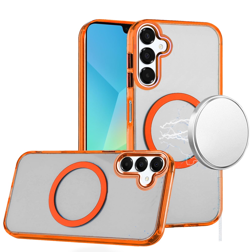 for samsung a16 5g magnetic circle ring transparent premium acrylic with metal buttons & camera raised lip cosmic orange