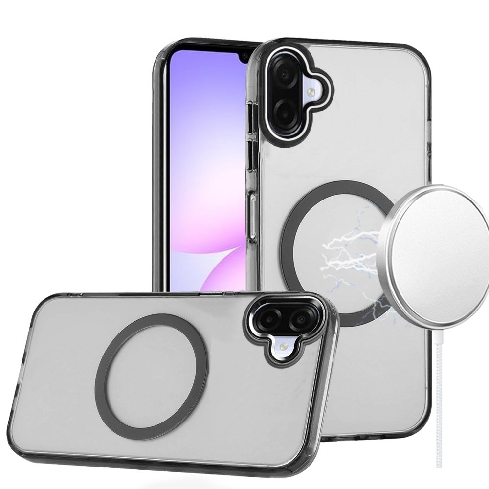 for samsung galaxy a07 magnetic circle ring transparent premium acrylic with metal buttons & camera raised lip black
