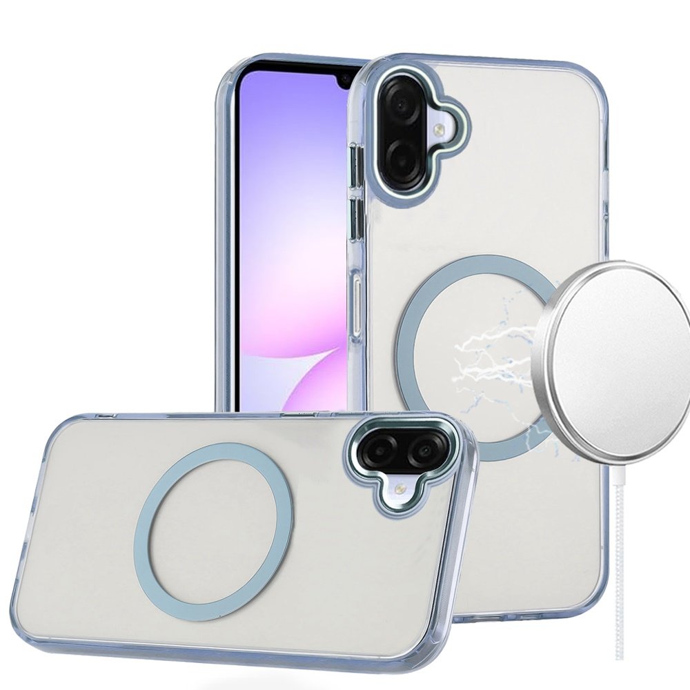 for samsung galaxy a07 magnetic circle ring transparent premium acrylic with metal buttons & camera raised lip light blue