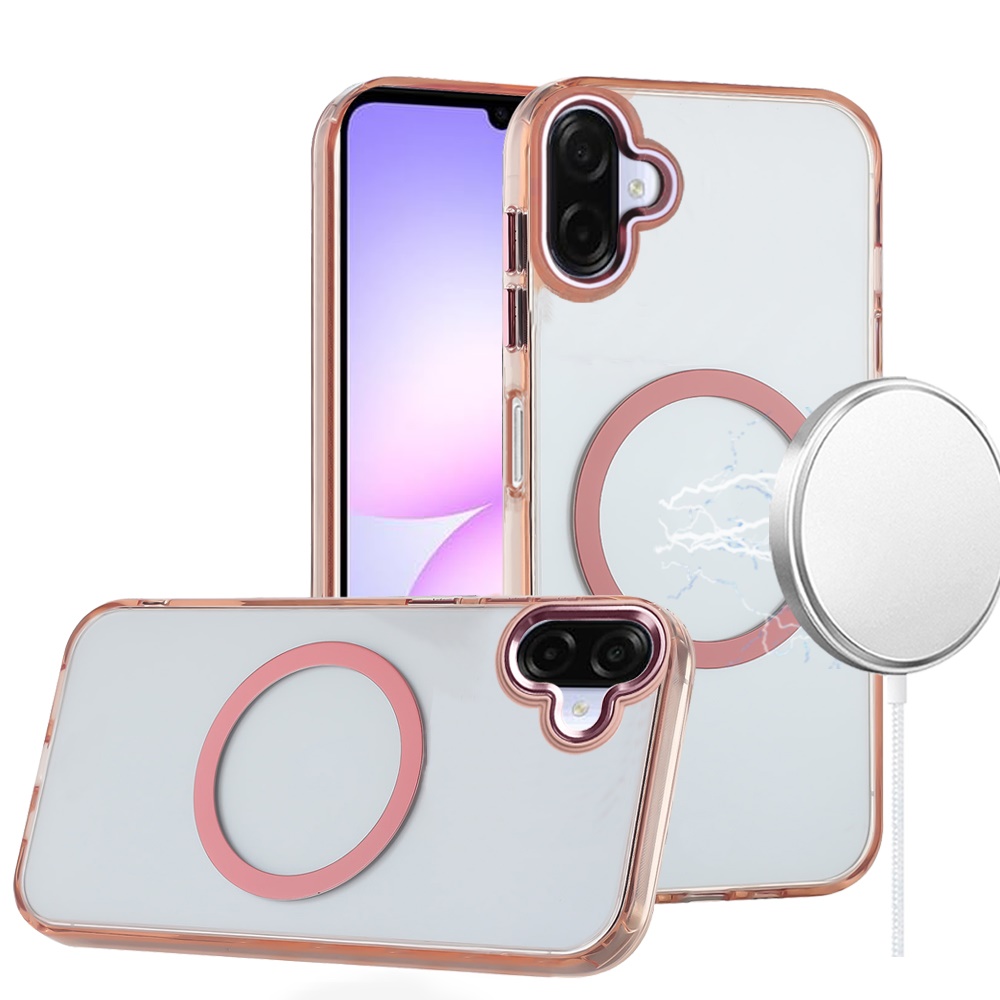 for samsung galaxy a07 magnetic circle ring transparent premium acrylic with metal buttons & camera raised lip rose gold