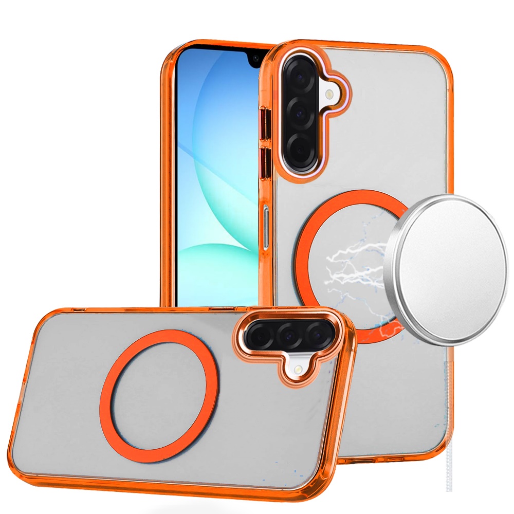 for samsung a17 5g magnetic circle ring transparent premium acrylic with metal buttons & camera raised lip cosmic orange