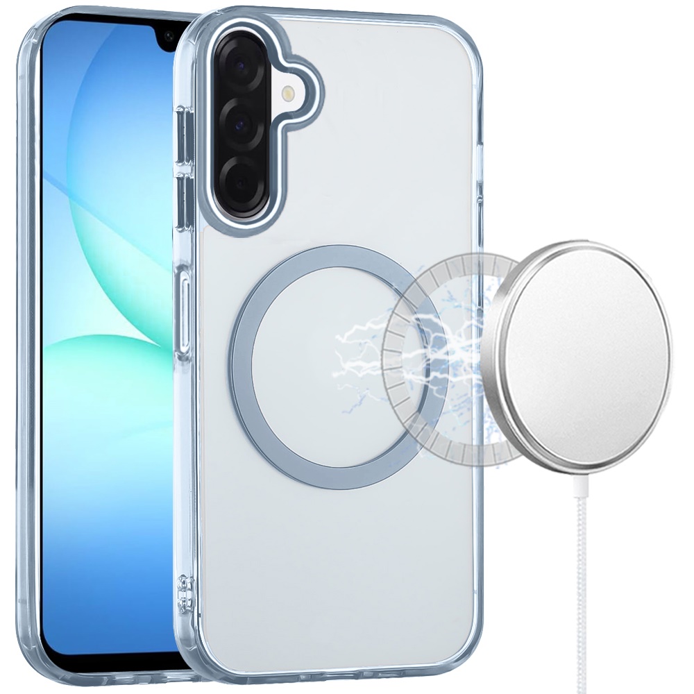 for samsung a17 5g magnetic circle ring transparent premium acrylic with metal buttons & camera raised lip light blue