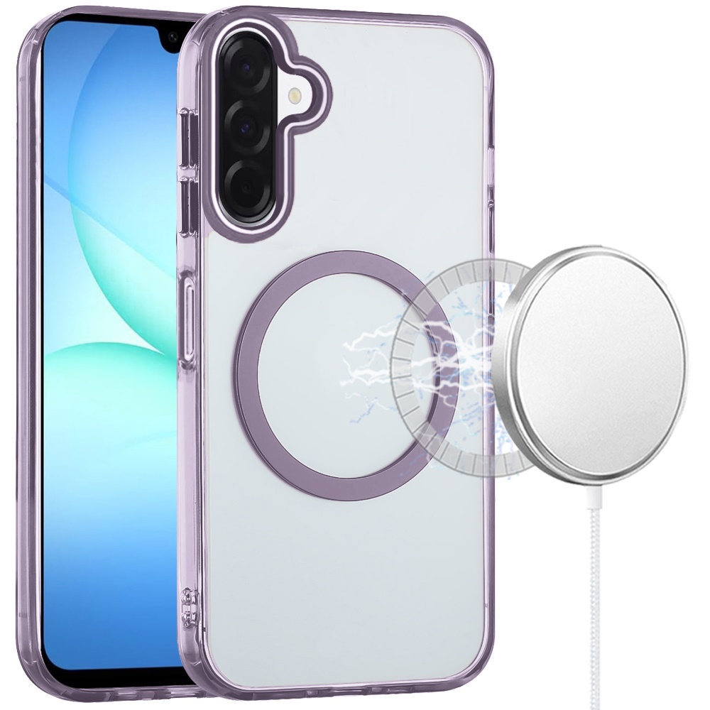 for samsung a17 5g magnetic circle ring transparent premium acrylic with metal buttons & camera raised lip light purple