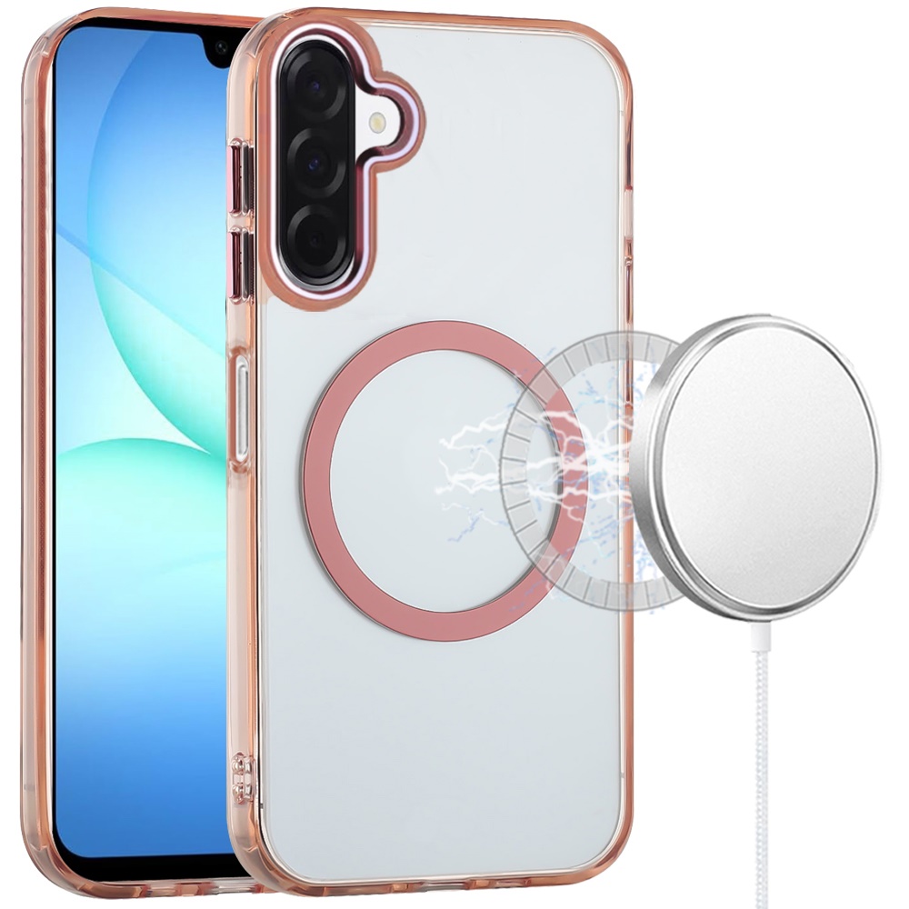for samsung a17 5g magnetic circle ring transparent premium acrylic with metal buttons & camera raised lip rose gold