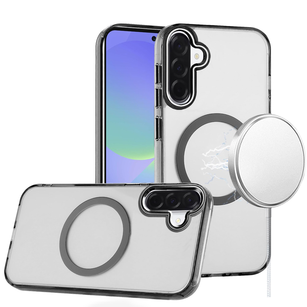 for samsung galaxy a37 magnetic circle ring transparent premium acrylic with metal buttons & camera raised lip black