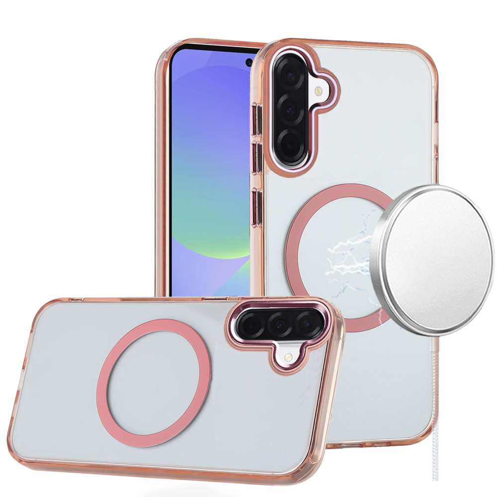 for samsung galaxy a37 magnetic circle ring transparent premium acrylic with metal buttons & camera raised lip rose gold