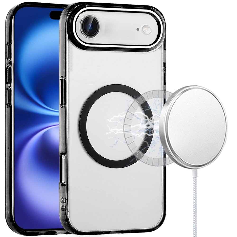 for iphone 17 air magnetic circle ring transparent premium acrylic with metal buttons & camera raised lip black
