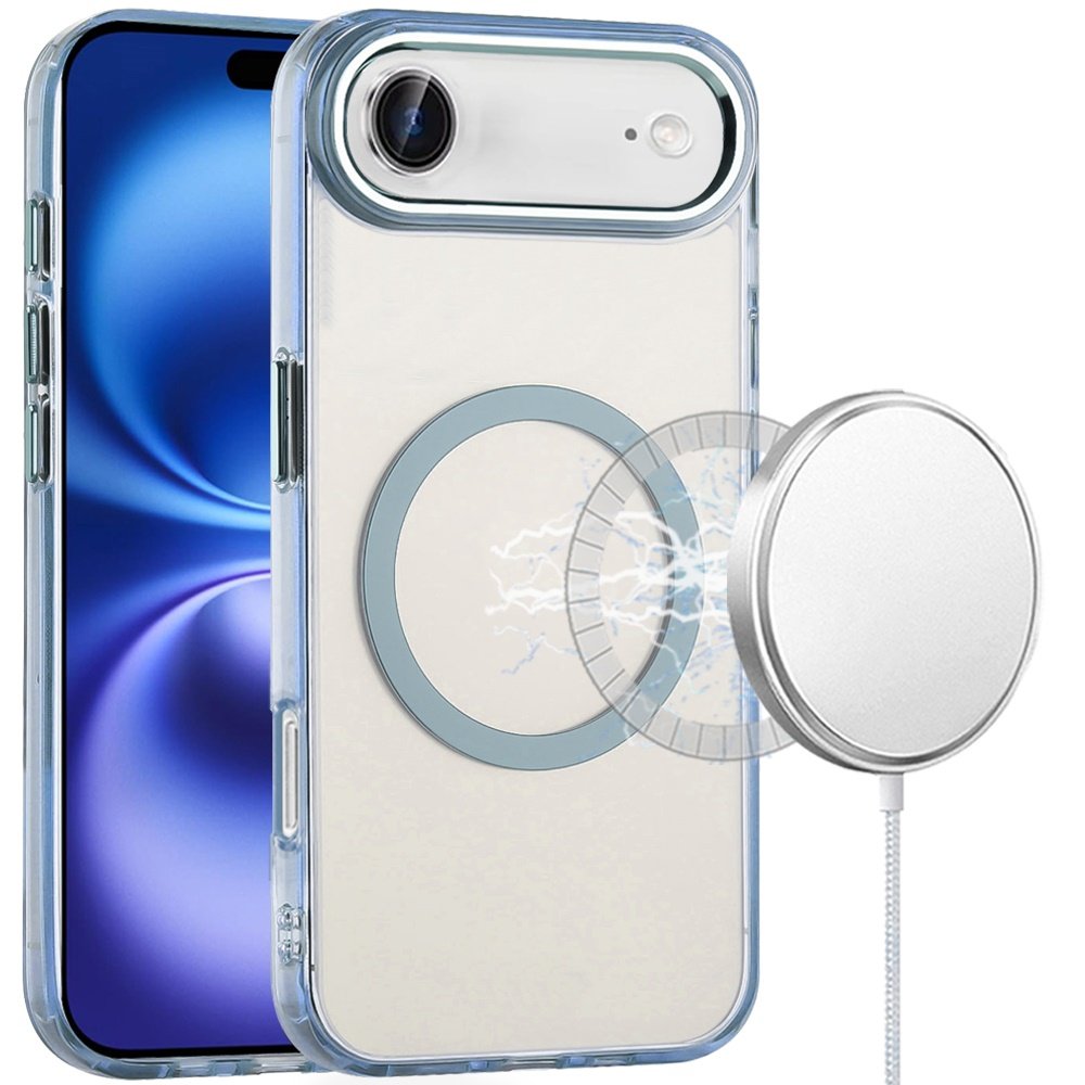 for iphone 17 air magnetic circle ring transparent premium acrylic with metal buttons & camera raised lip light blue
