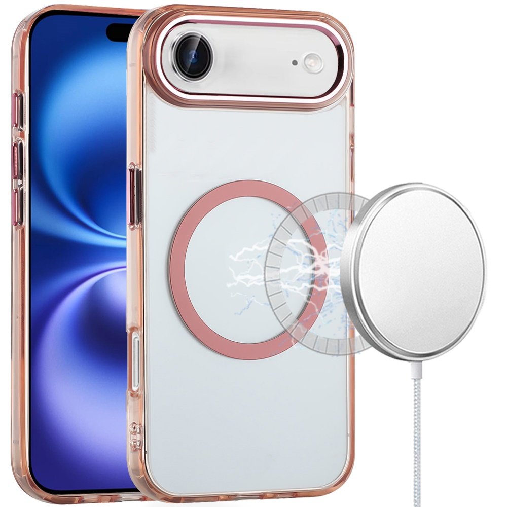 for iphone 17 air magnetic circle ring transparent premium acrylic with metal buttons & camera raised lip rose gold