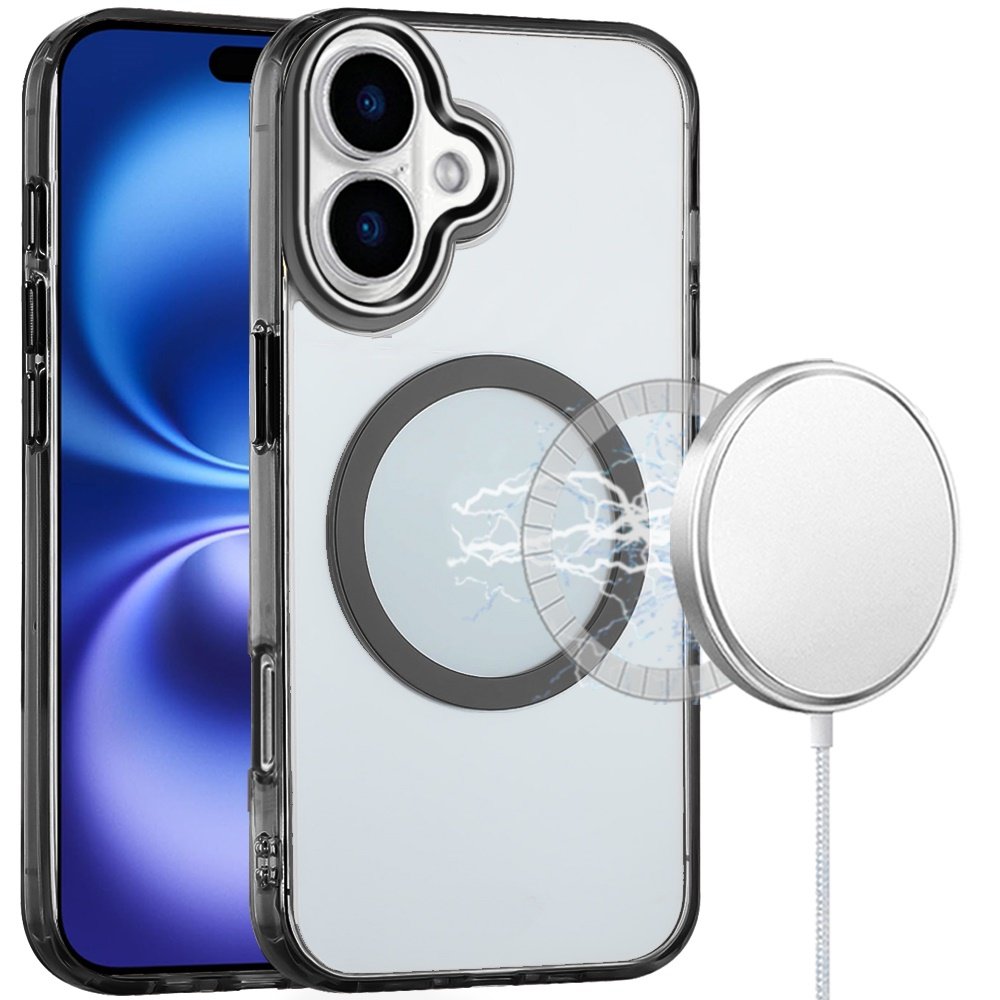 for iphone 17 magnetic circle ring transparent premium acrylic with metal buttons & camera raised lip black
