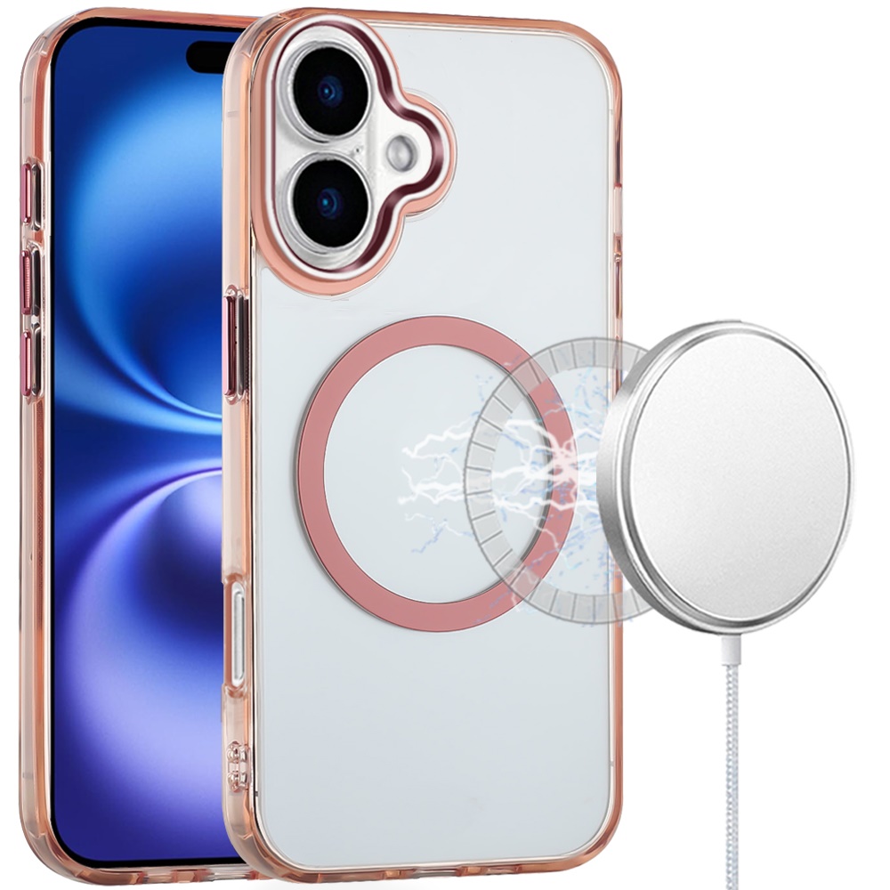 for iphone 17 magnetic circle ring transparent premium acrylic with metal buttons & camera raised lip rose gold