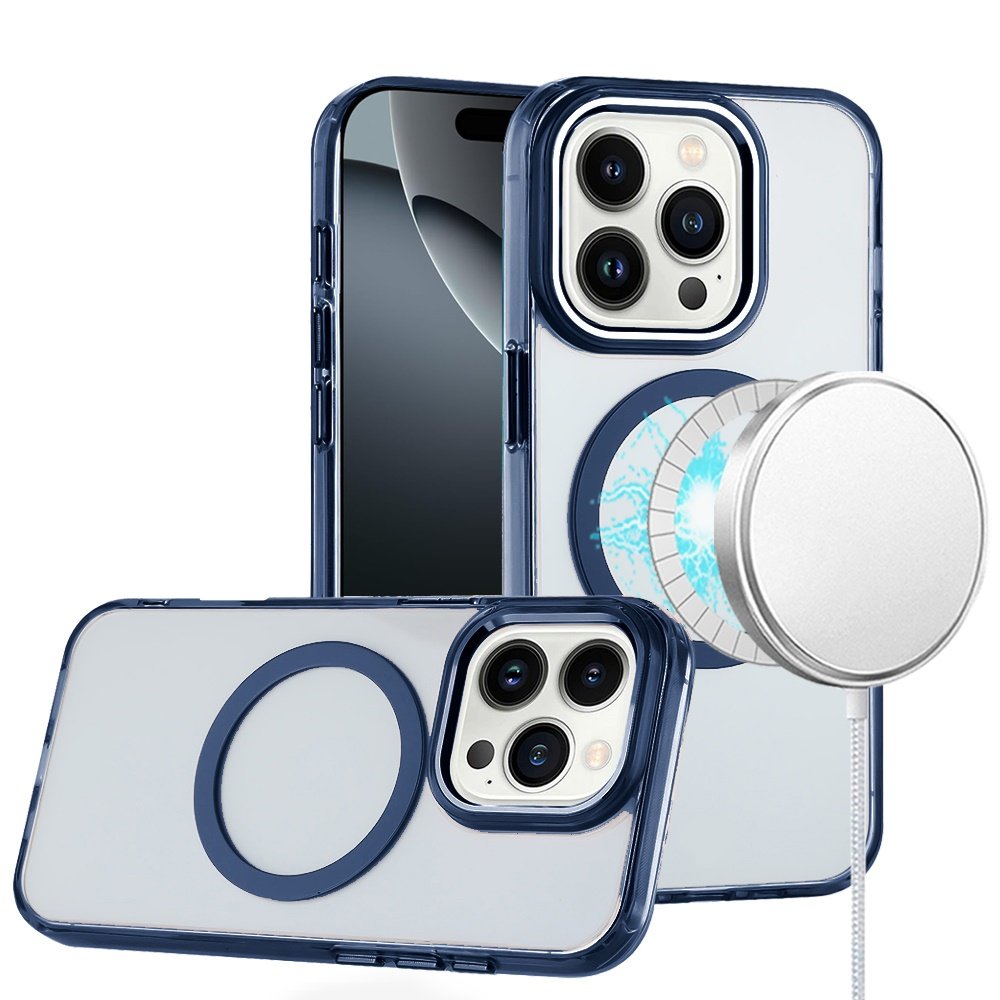 for iphone 16 pro max 6.9 inch magnetic circle ring transparent premium acrylic with metal buttons & camera raised lip blue