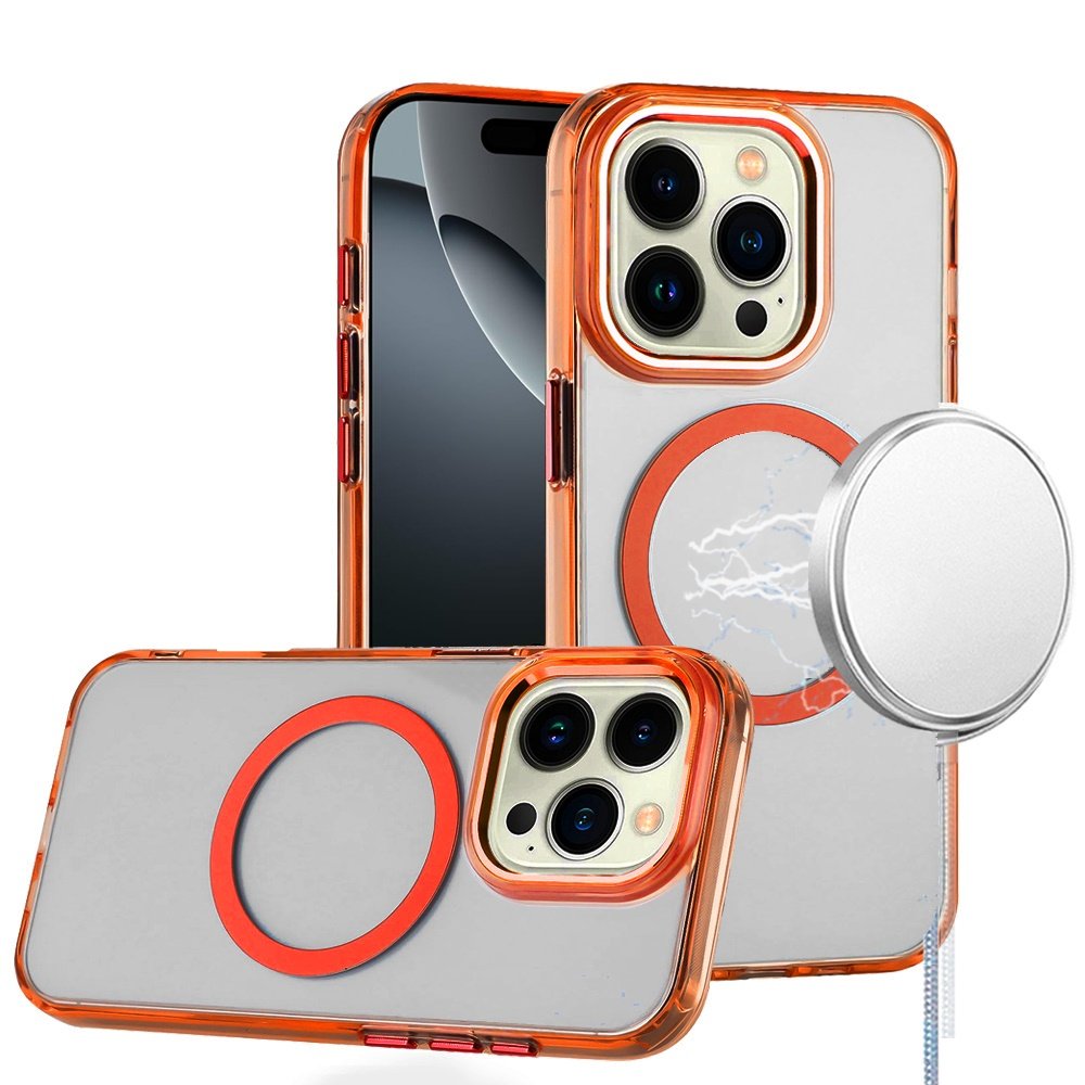 for iphone 16 pro max 6.9 inch magnetic circle ring transparent premium acrylic with metal buttons & camera raised lip cosmic orange