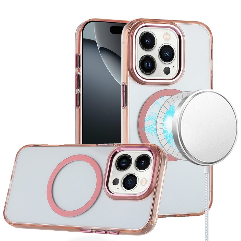 for iphone 16 pro max 6.9 inch magnetic circle ring transparent premium acrylic with metal buttons & camera raised lip rose gold