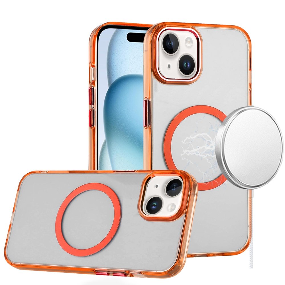 for iphone 15 plus/iphone 14 plus magnetic circle ring transparent premium acrylic with metal buttons & camera raised lip cosmic orange