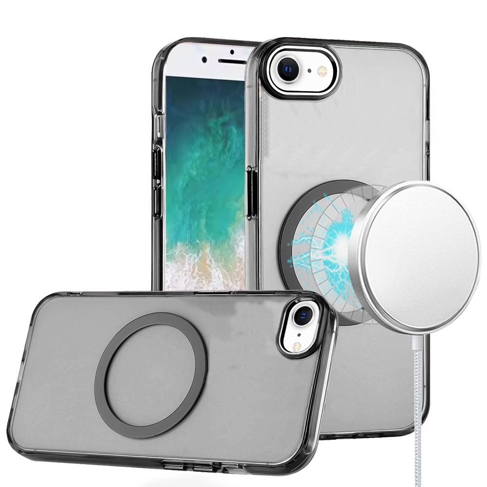 for iphone 17e / 16e / se4 magnetic circle ring transparent premium acrylic with metal buttons & camera raised lip black