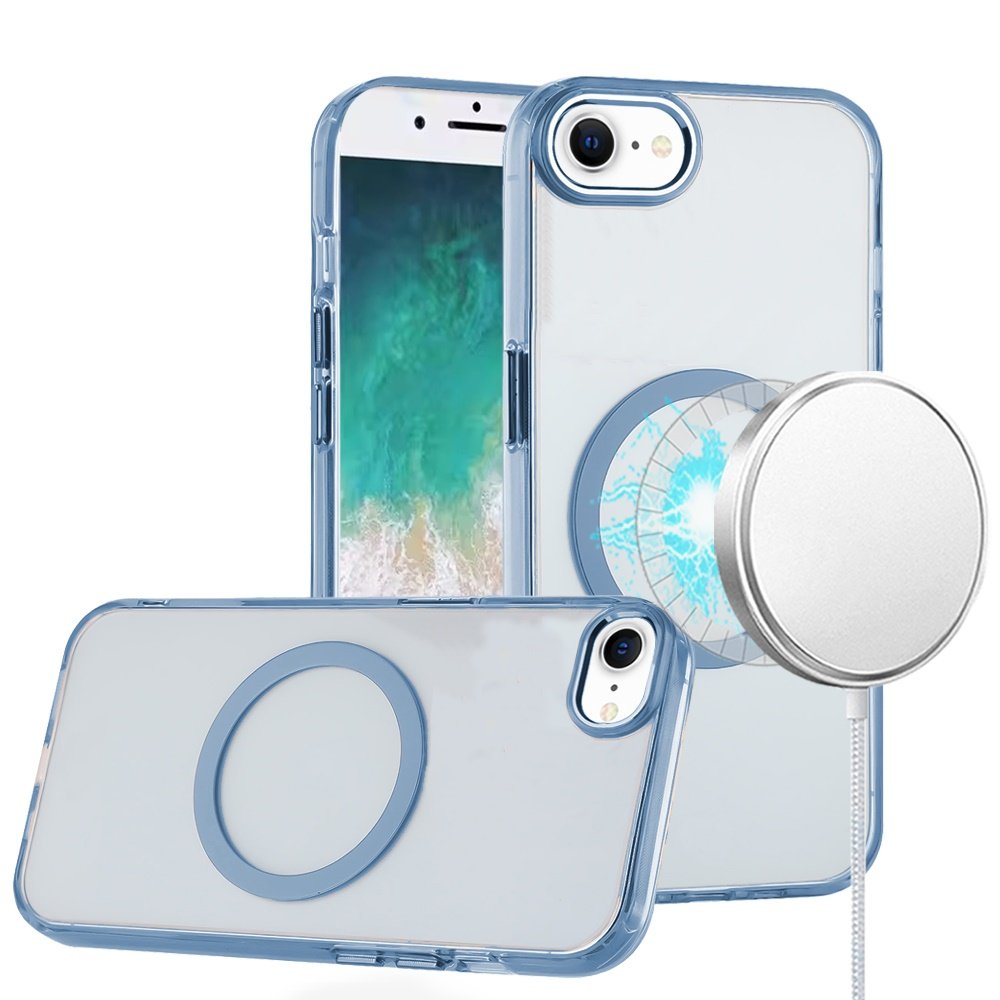 for iphone 17e / 16e / se4 magnetic circle ring transparent premium acrylic with metal buttons & camera raised lip light blue