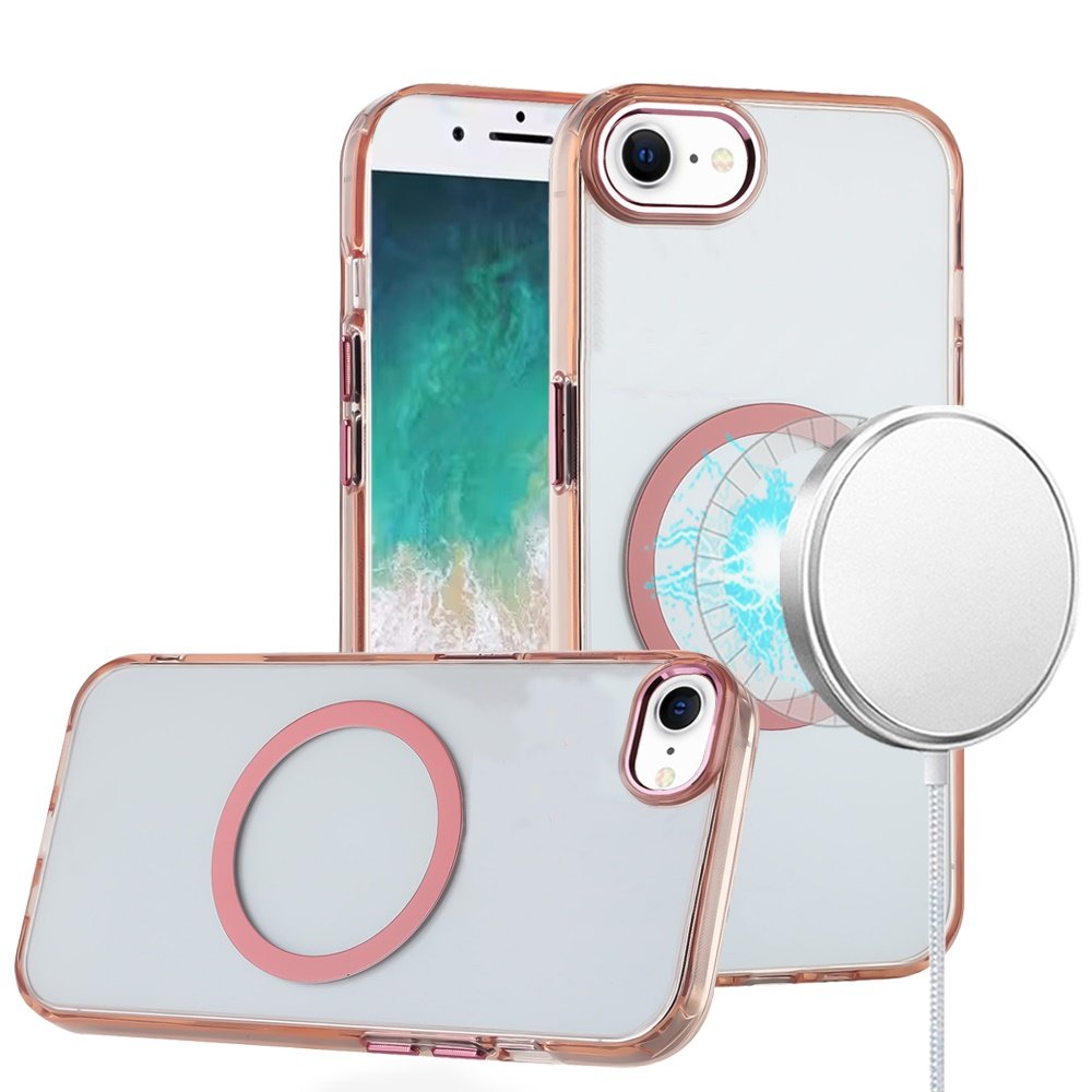 for iphone 17e / 16e / se4 magnetic circle ring transparent premium acrylic with metal buttons & camera raised lip rose gold