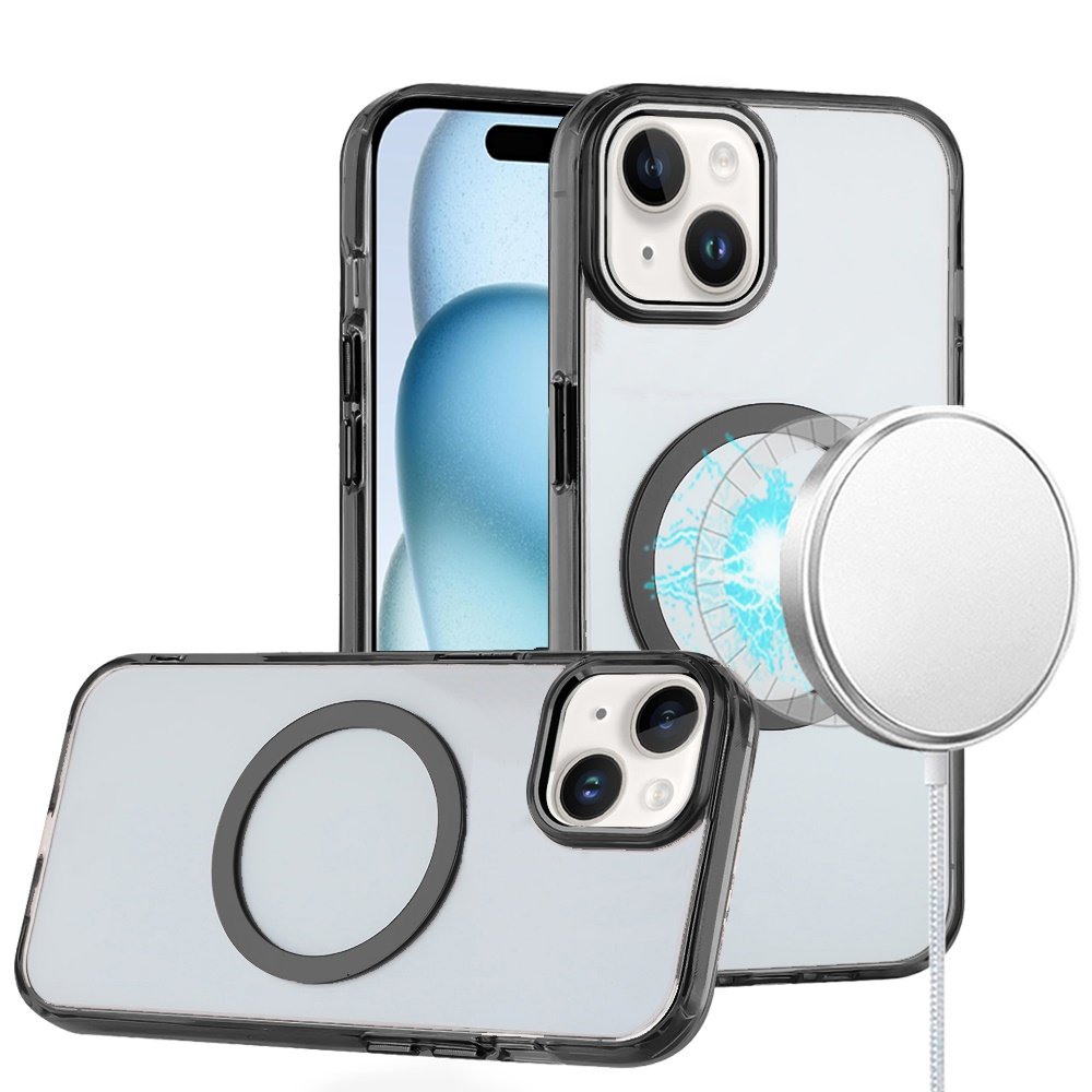 for iphone 15 magnetic circle ring transparent premium acrylic with metal buttons & camera raised lip black