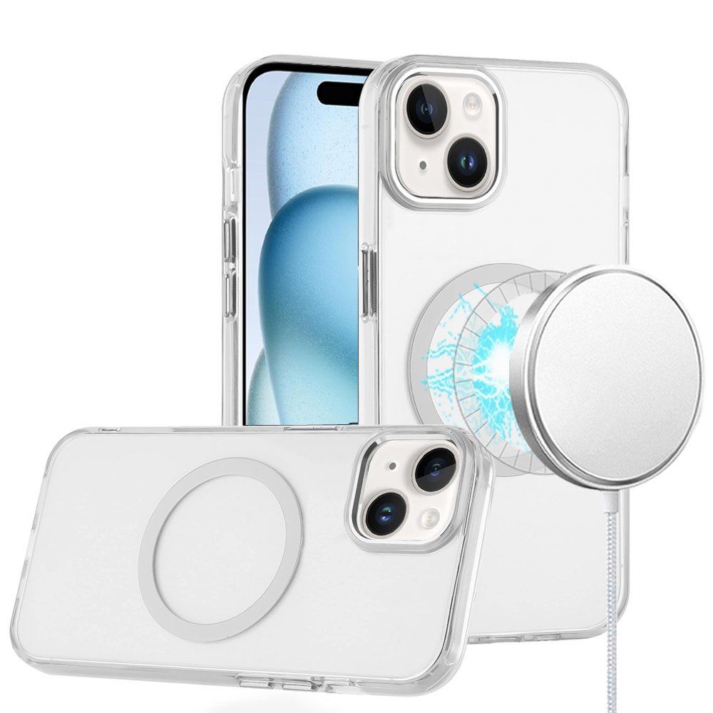for iphone 15 magnetic circle ring transparent premium acrylic with metal buttons & camera raised lip clear