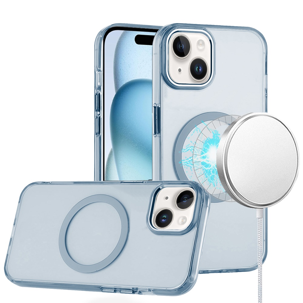 for iphone 15 magnetic circle ring transparent premium acrylic with metal buttons & camera raised lip light blue