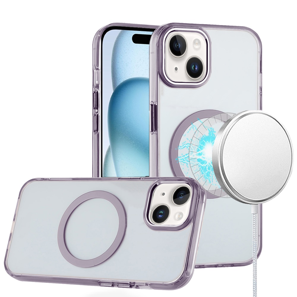 for iphone 15 magnetic circle ring transparent premium acrylic with metal buttons & camera raised lip light purple