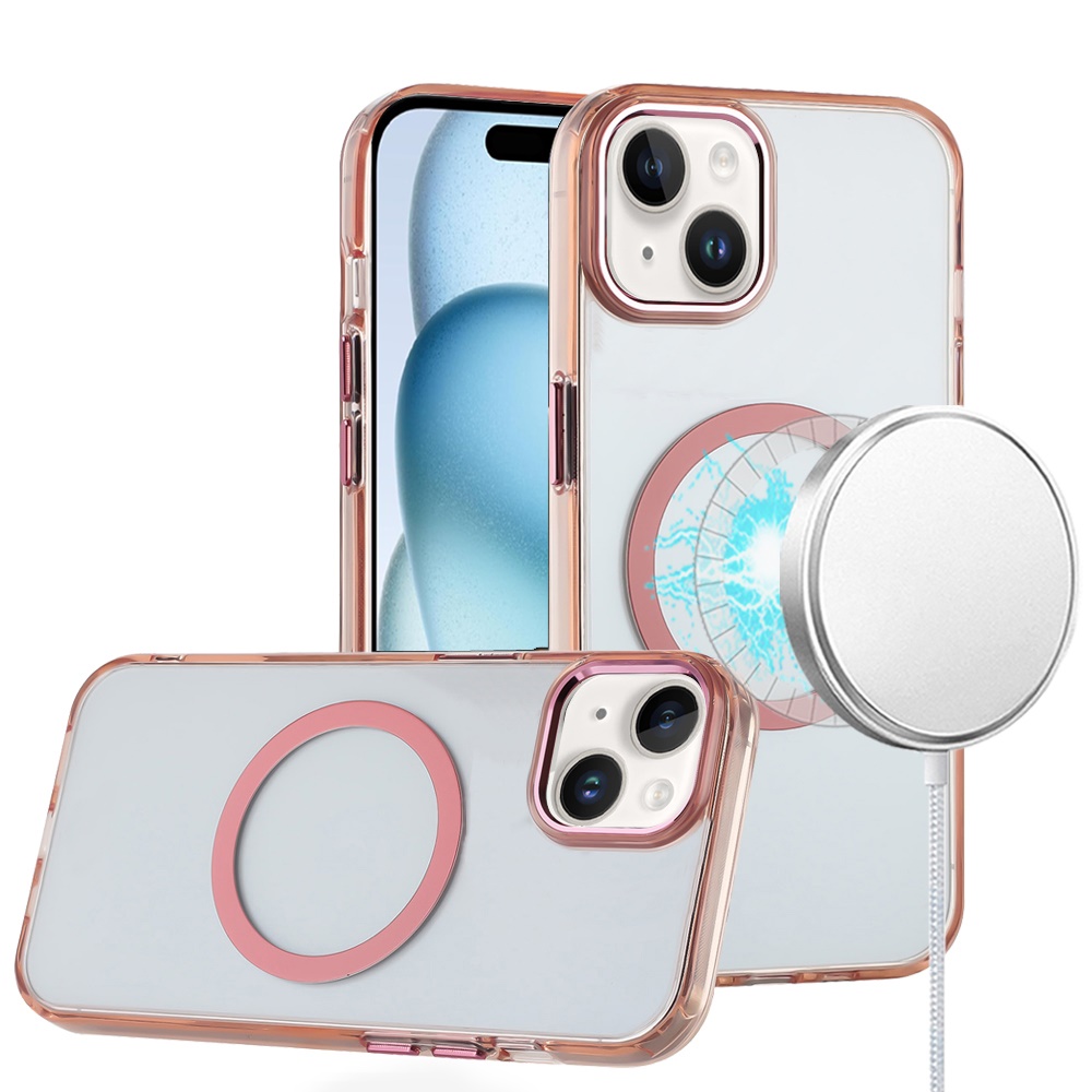 for iphone 15 magnetic circle ring transparent premium acrylic with metal buttons & camera raised lip rose gold