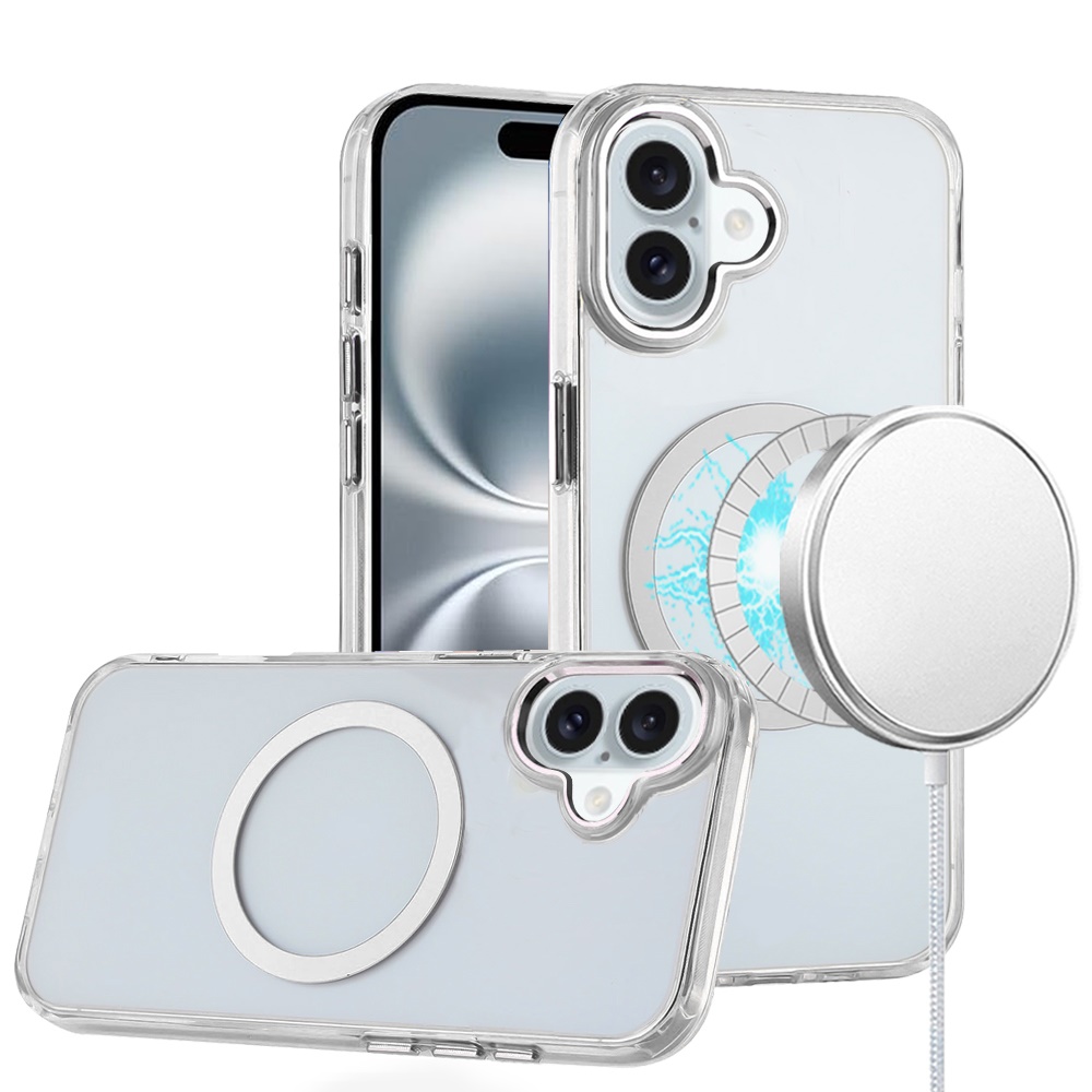 for iphone 16 6.1 inch magnetic circle ring transparent premium acrylic with metal buttons & camera raised lip clear