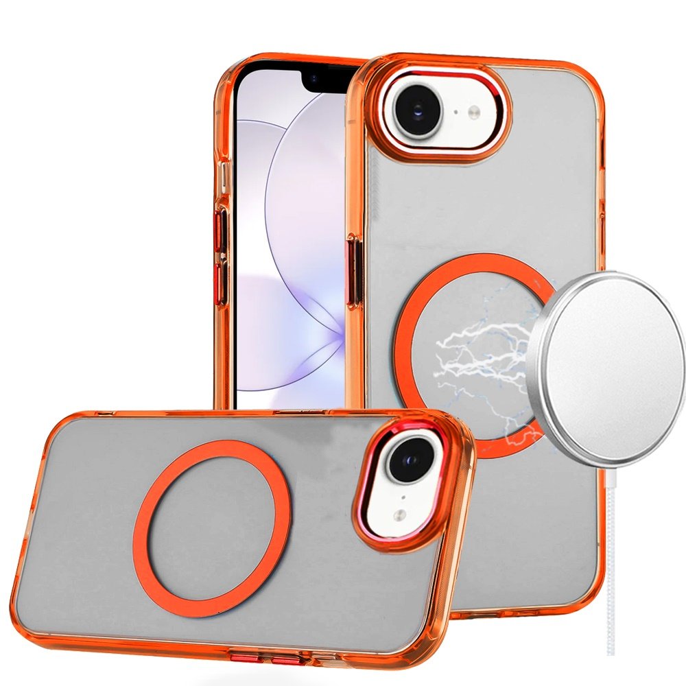 for iphone 16e (e edition) / se4 (2025) magnetic circle ring transparent premium acrylic with metal buttons & camera raised lip cosmic orange
