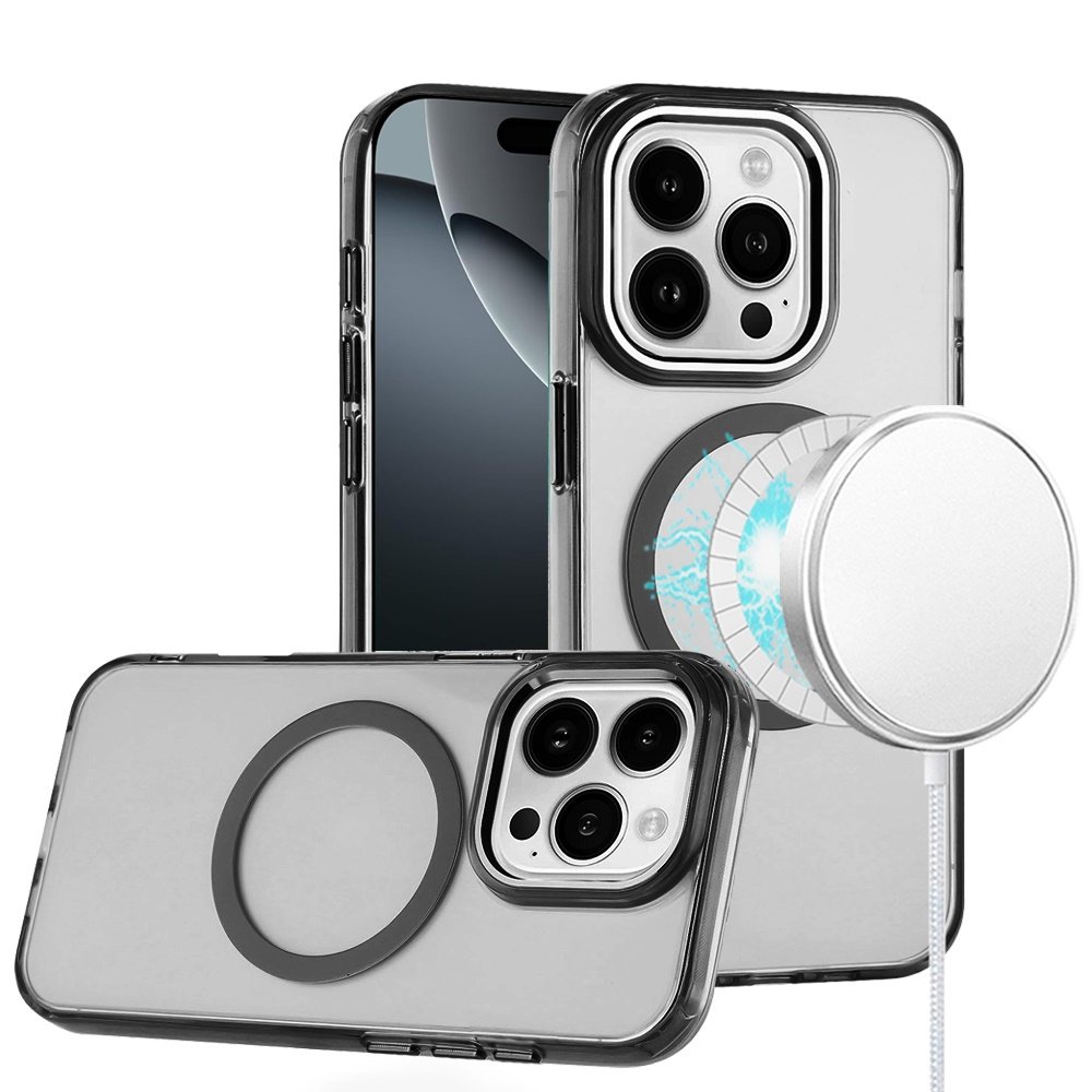for iphone 16 pro 6.3 inch magnetic circle ring transparent premium acrylic with metal buttons & camera raised lip black