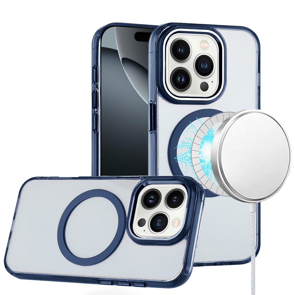 for iphone 16 pro 6.3 inch magnetic circle ring transparent premium acrylic with metal buttons & camera raised lip blue