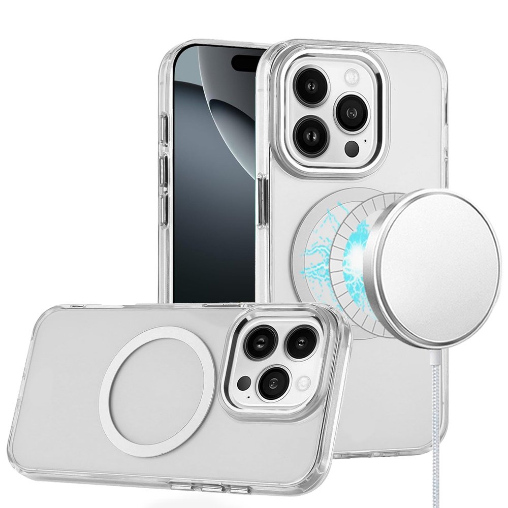 for iphone 16 pro 6.3 inch magnetic circle ring transparent premium acrylic with metal buttons & camera raised lip clear