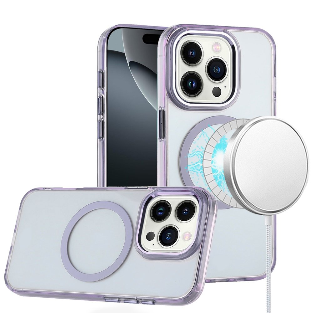 for iphone 16 pro 6.3 inch magnetic circle ring transparent premium acrylic with metal buttons & camera raised lip light purple