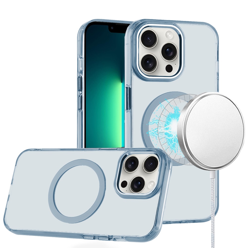 for iphone 13 pro max magnetic circle ring transparent premium acrylic with metal buttons & camera raised lip light blue