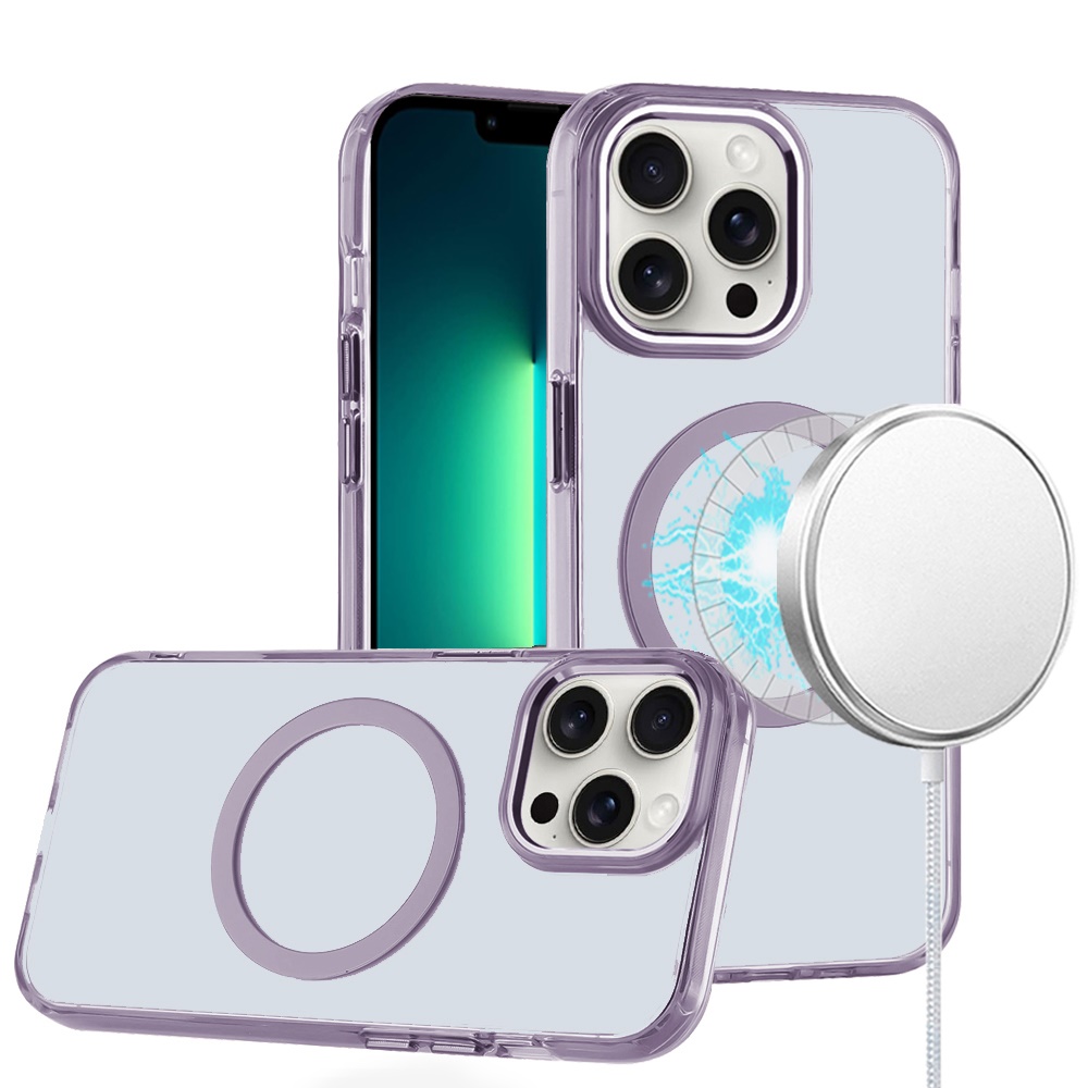 for iphone 13 pro max magnetic circle ring transparent premium acrylic with metal buttons & camera raised lip light purple