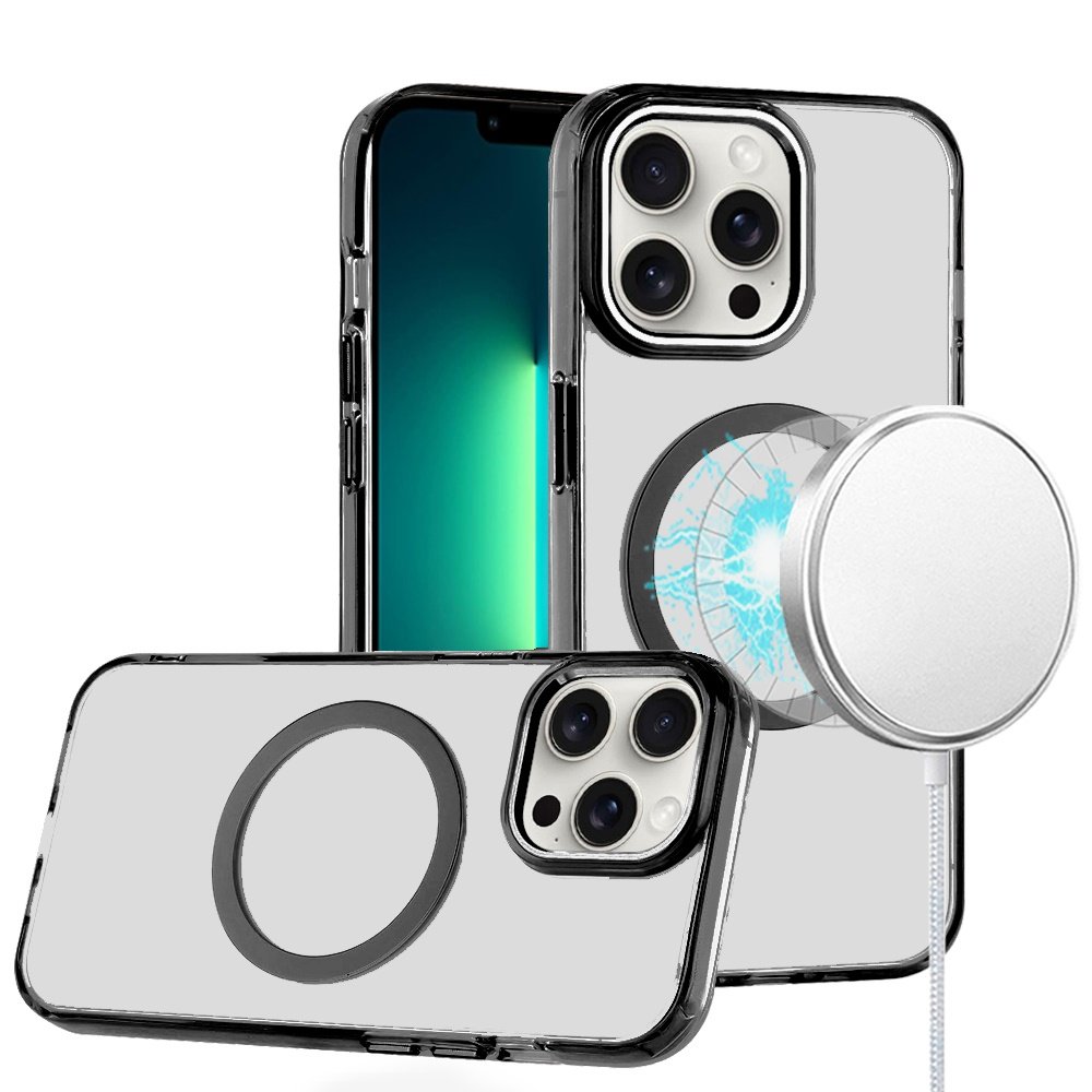 for iphone 13 pro magnetic circle ring transparent premium acrylic with metal buttons & camera raised lip black