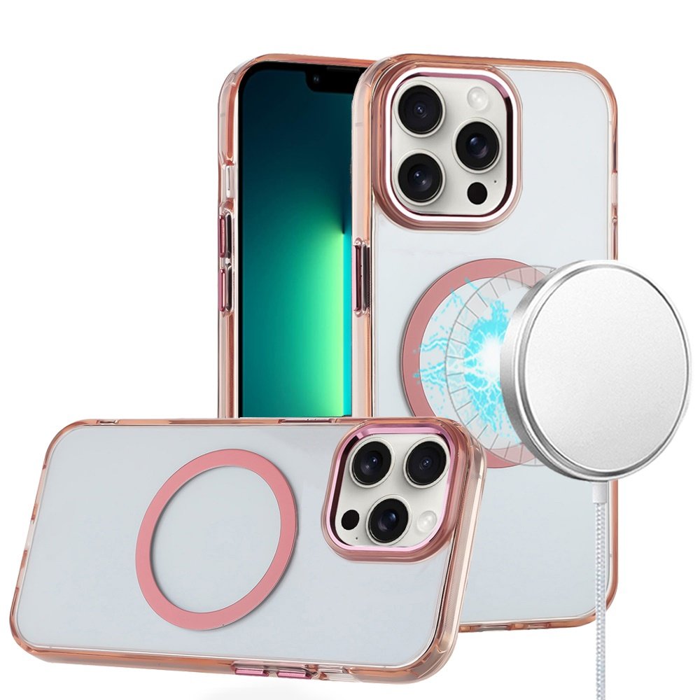 for iphone 13 pro magnetic circle ring transparent premium acrylic with metal buttons & camera raised lip rose gold