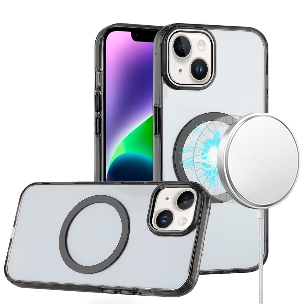 for iphone 13 6.1 magnetic circle ring transparent premium acrylic with metal buttons & camera raised lip black