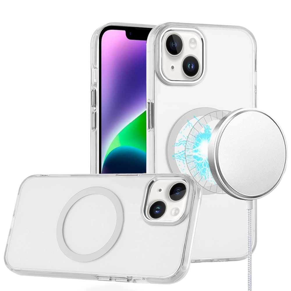 for iphone 13 6.1 magnetic circle ring transparent premium acrylic with metal buttons & camera raised lip clear